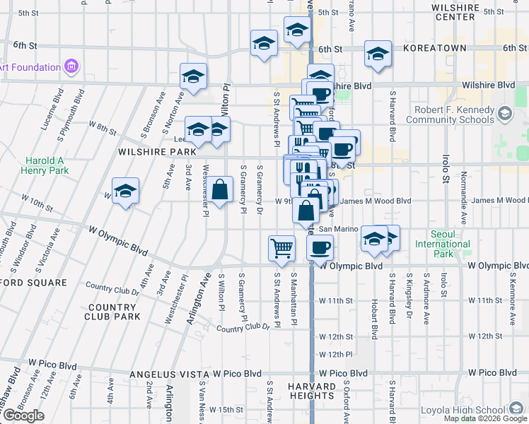 map of restaurants, bars, coffee shops, grocery stores, and more near in Los Angeles