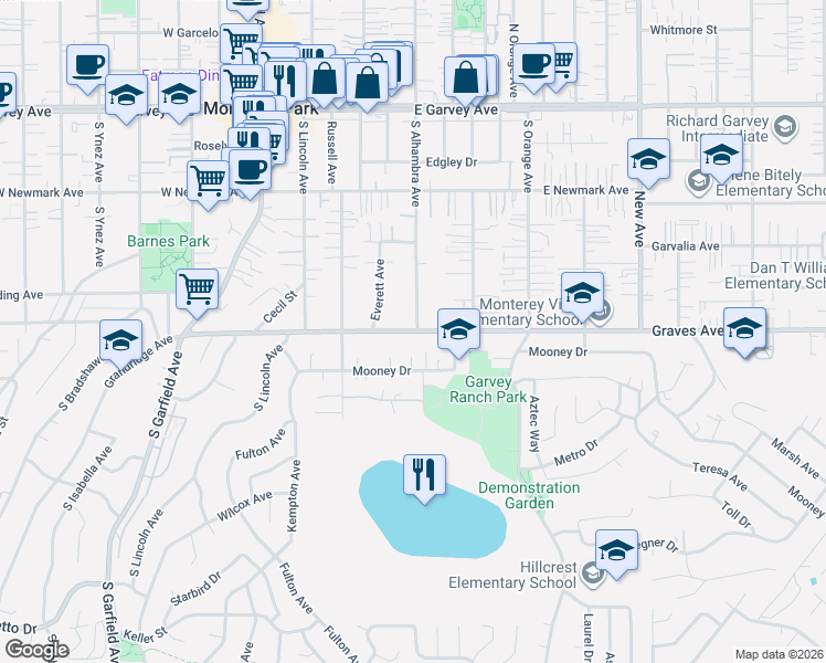 map of restaurants, bars, coffee shops, grocery stores, and more near 125 East Graves Avenue in Monterey Park