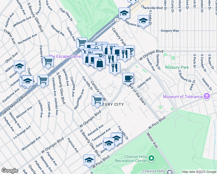 map of restaurants, bars, coffee shops, grocery stores, and more near 10261 Century Woods Drive in Los Angeles