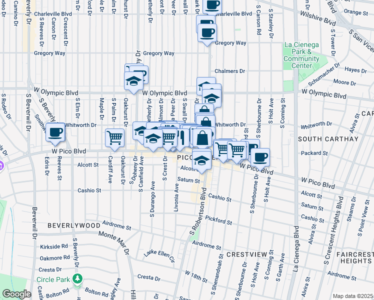 map of restaurants, bars, coffee shops, grocery stores, and more near in Los Angeles