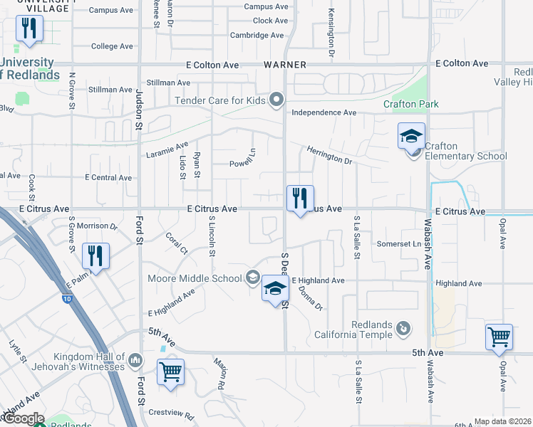 map of restaurants, bars, coffee shops, grocery stores, and more near 1562 East Citrus Avenue in Redlands