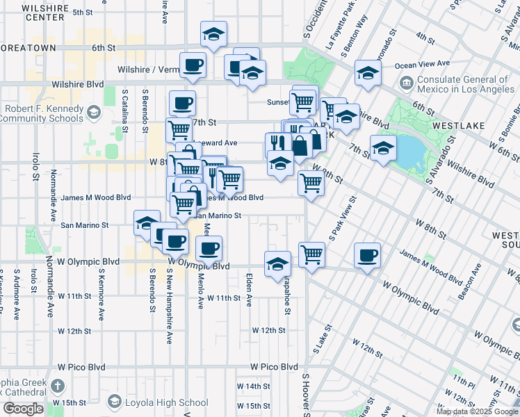 map of restaurants, bars, coffee shops, grocery stores, and more near 2715 San Marino Street in Los Angeles