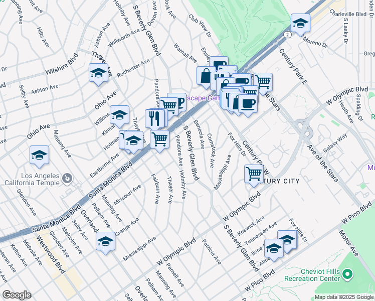 map of restaurants, bars, coffee shops, grocery stores, and more near 1875 South Beverly Glen Boulevard in Los Angeles