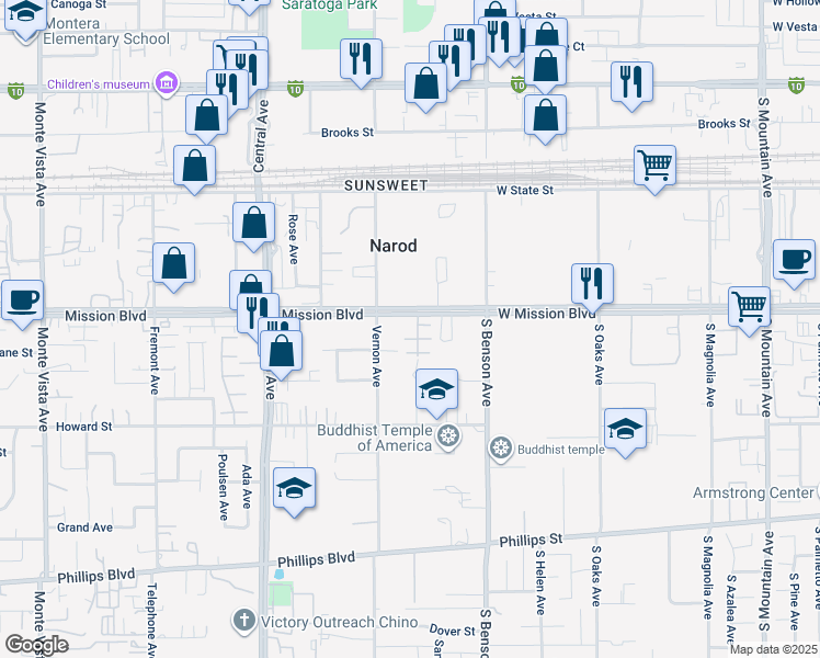 map of restaurants, bars, coffee shops, grocery stores, and more near 5567 Seville Drive in Montclair