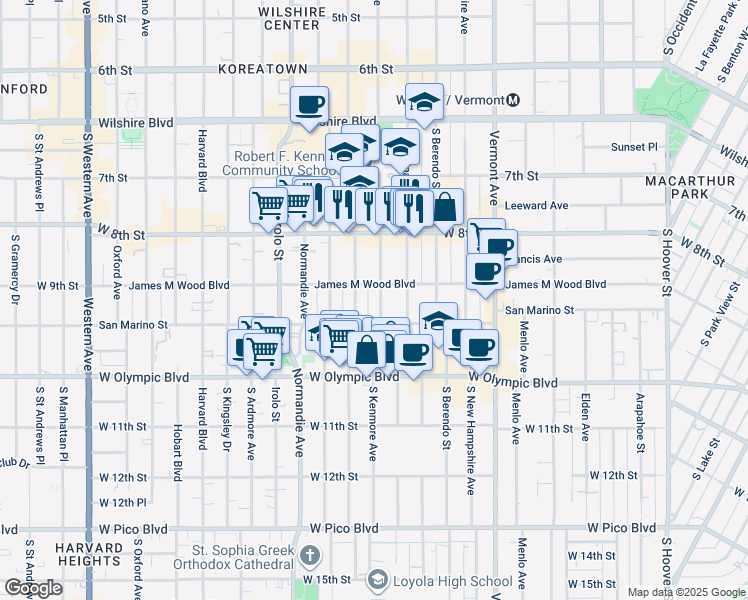 map of restaurants, bars, coffee shops, grocery stores, and more near 915 South Kenmore Avenue in Los Angeles