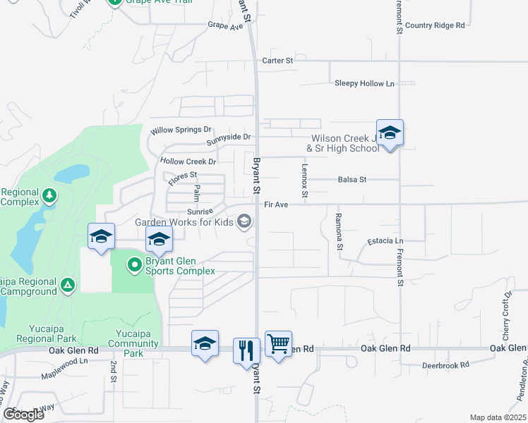 map of restaurants, bars, coffee shops, grocery stores, and more near 10917 Bryant Street in Yucaipa