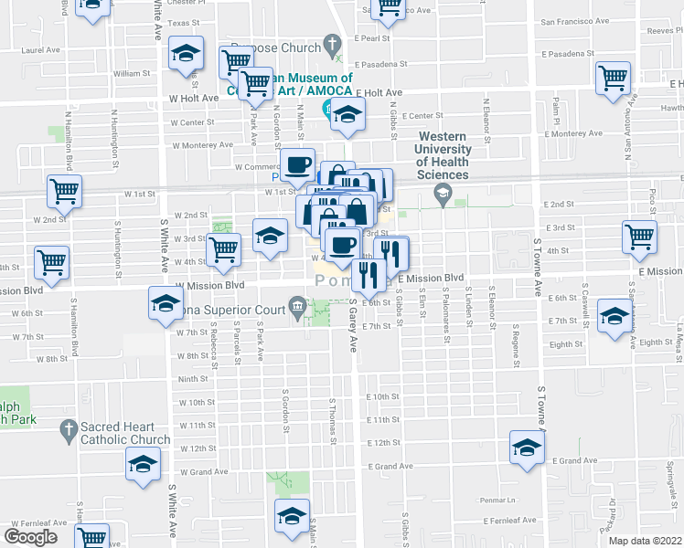 map of restaurants, bars, coffee shops, grocery stores, and more near 101 West Mission Boulevard in Pomona