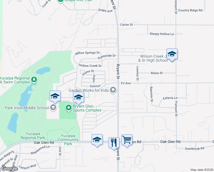 map of restaurants, bars, coffee shops, grocery stores, and more near 35228 Silver Leaf Circle in Yucaipa