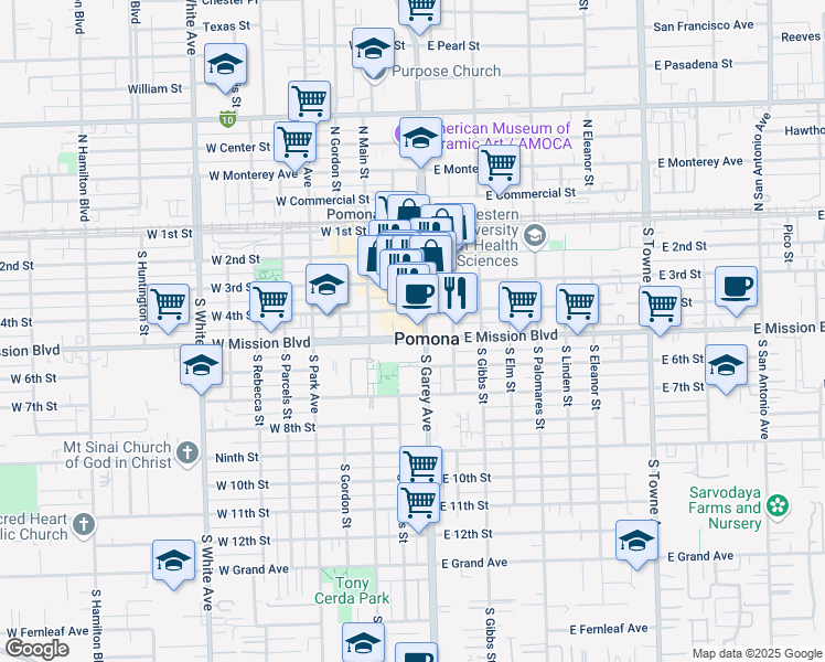 map of restaurants, bars, coffee shops, grocery stores, and more near 101 West Mission Boulevard in Pomona