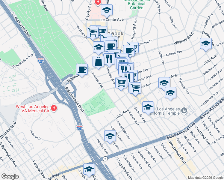 map of restaurants, bars, coffee shops, grocery stores, and more near 10966 Rochester Avenue in Los Angeles