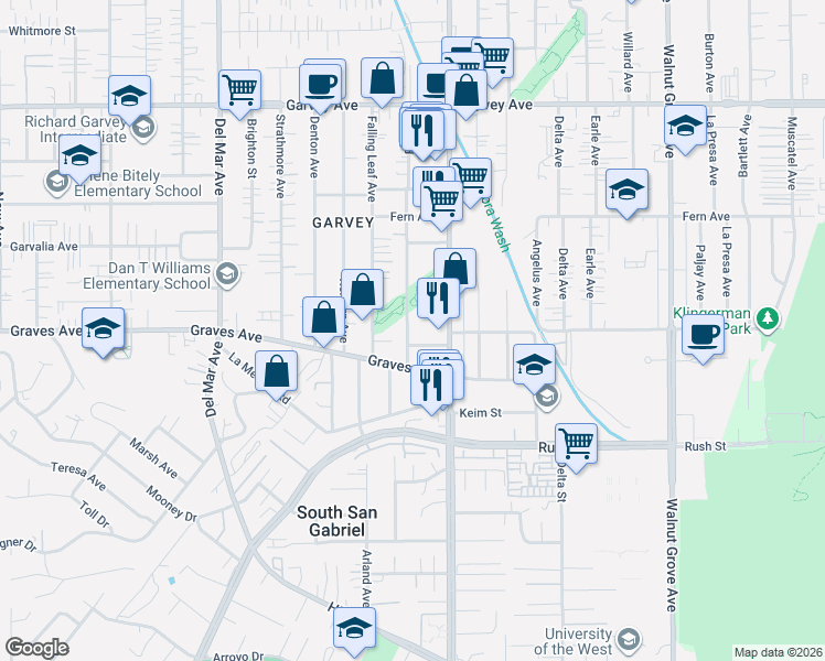 map of restaurants, bars, coffee shops, grocery stores, and more near 2340 Pine Street in Rosemead