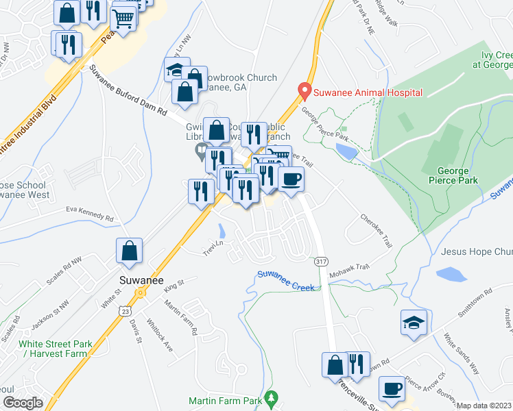 map of restaurants, bars, coffee shops, grocery stores, and more near 330 Town Center Avenue Northwest in Suwanee