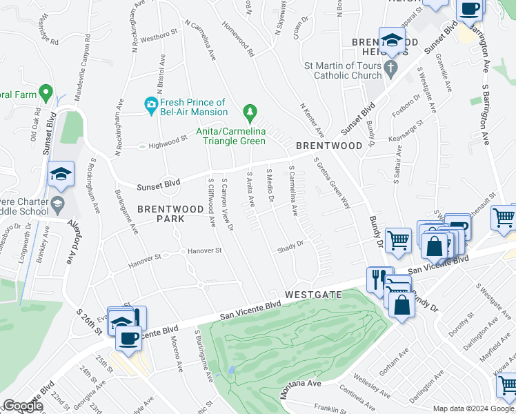map of restaurants, bars, coffee shops, grocery stores, and more near 154 South Anita Avenue in Los Angeles