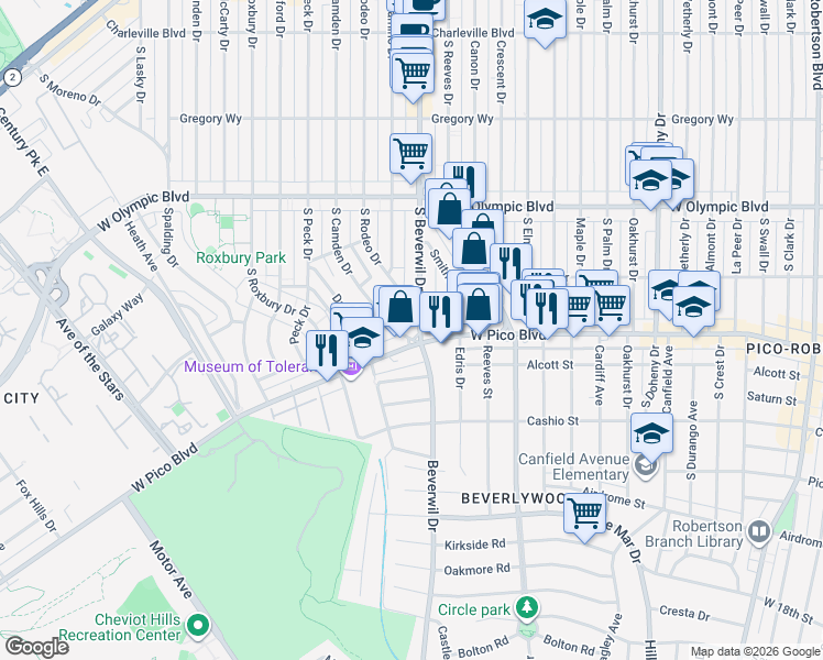 map of restaurants, bars, coffee shops, grocery stores, and more near 1278 South Camden Drive in Beverly Hills