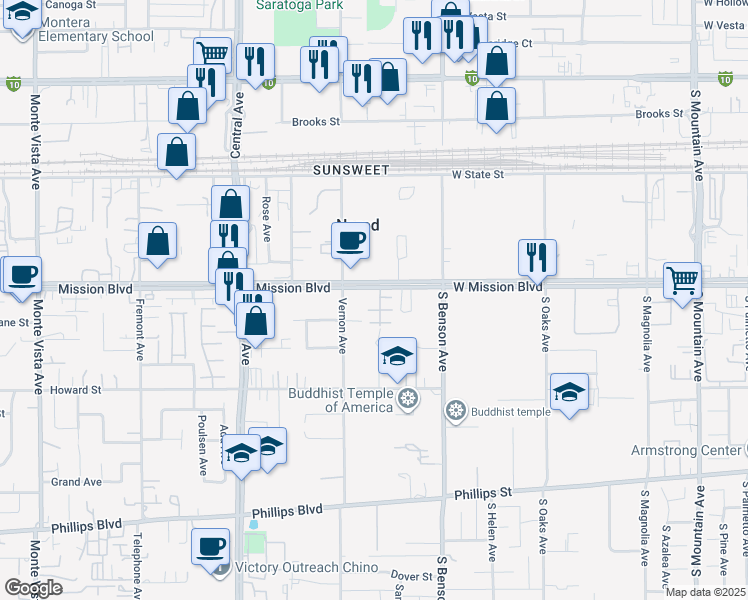 map of restaurants, bars, coffee shops, grocery stores, and more near 5567 Seville Drive in Montclair