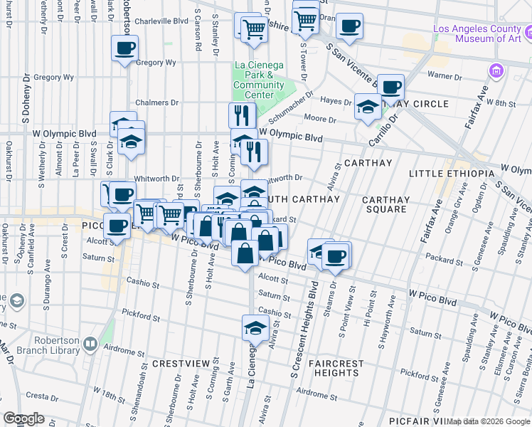 map of restaurants, bars, coffee shops, grocery stores, and more near 1153 South Alfred Street in Los Angeles