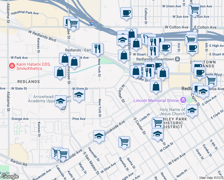 map of restaurants, bars, coffee shops, grocery stores, and more near 900 West State Street in Redlands