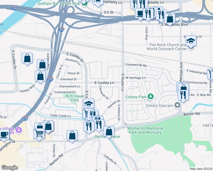 map of restaurants, bars, coffee shops, grocery stores, and more near 2226 Applewood Street in Colton