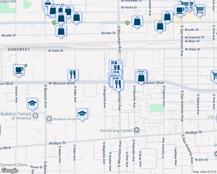 map of restaurants, bars, coffee shops, grocery stores, and more near 805 South Magnolia Avenue in Ontario