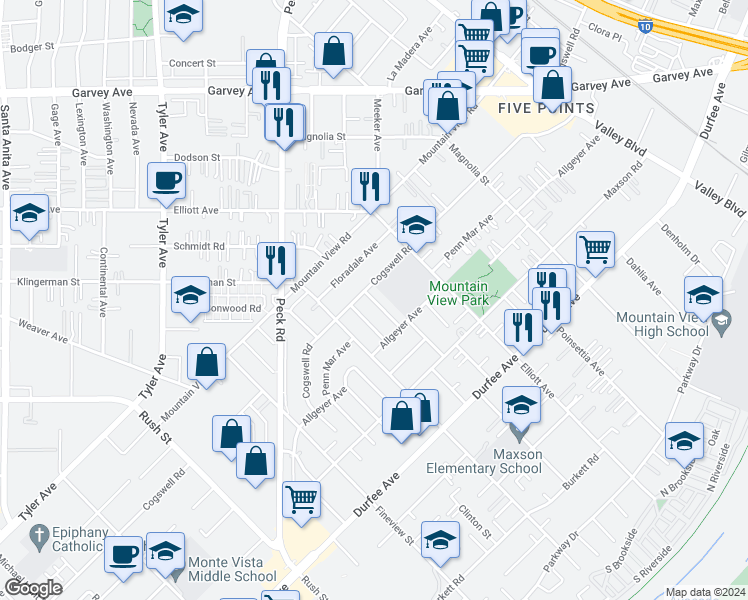 map of restaurants, bars, coffee shops, grocery stores, and more near 2535 Cogswell Road in El Monte