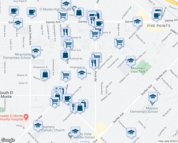 map of restaurants, bars, coffee shops, grocery stores, and more near 11209 Klingerman Street in El Monte