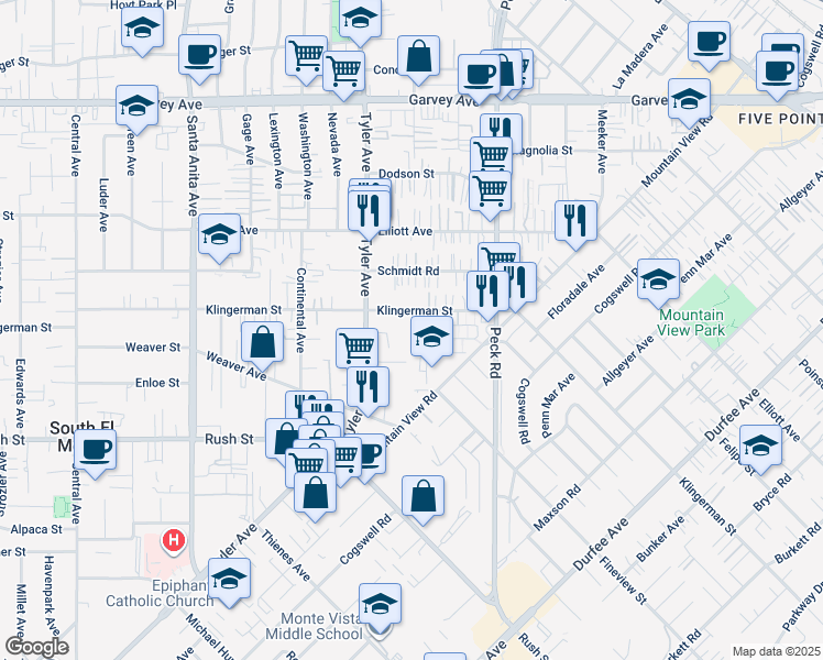 map of restaurants, bars, coffee shops, grocery stores, and more near 11116 Klingerman Street in El Monte