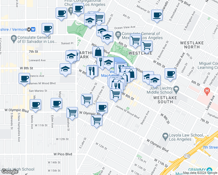 map of restaurants, bars, coffee shops, grocery stores, and more near 739 1/2 South Lake Street in Los Angeles