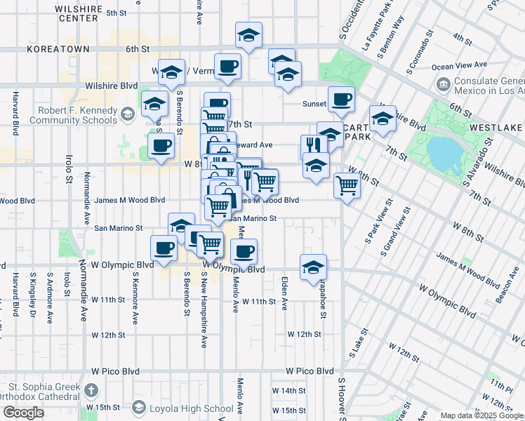 map of restaurants, bars, coffee shops, grocery stores, and more near 2761 West 9th Street in Los Angeles