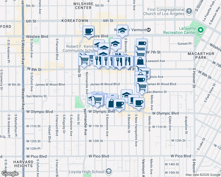 map of restaurants, bars, coffee shops, grocery stores, and more near 3047 James M Wood Boulevard in Los Angeles