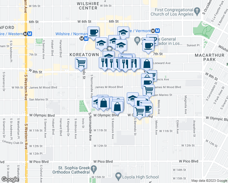 map of restaurants, bars, coffee shops, grocery stores, and more near 861 South Catalina Street in Los Angeles
