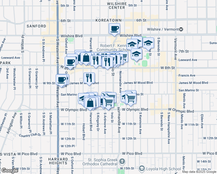 map of restaurants, bars, coffee shops, grocery stores, and more near 869 South Ardmore Avenue in Los Angeles