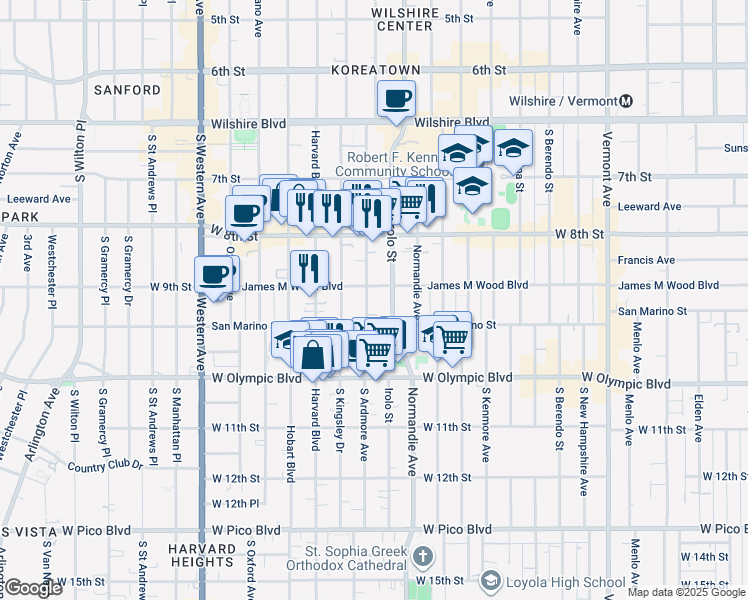 map of restaurants, bars, coffee shops, grocery stores, and more near 869 South Ardmore Avenue in Los Angeles