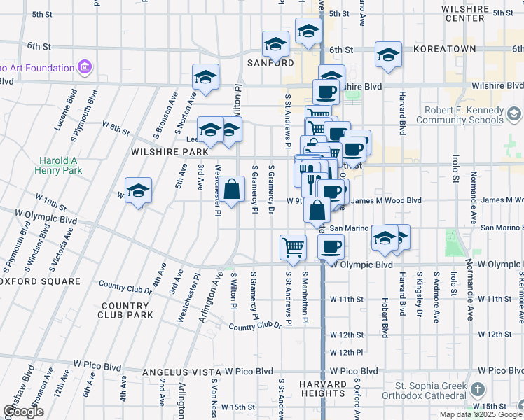 map of restaurants, bars, coffee shops, grocery stores, and more near 871 South Gramercy Drive in Los Angeles