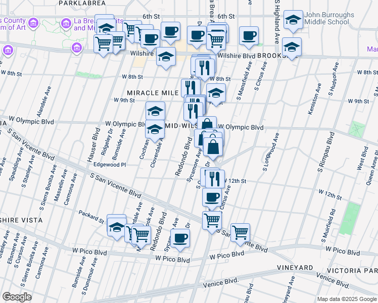 map of restaurants, bars, coffee shops, grocery stores, and more near 1019 South La Brea Avenue in Los Angeles