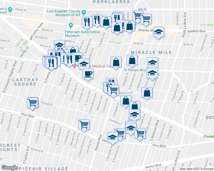 map of restaurants, bars, coffee shops, grocery stores, and more near 1053 Masselin Avenue in Los Angeles