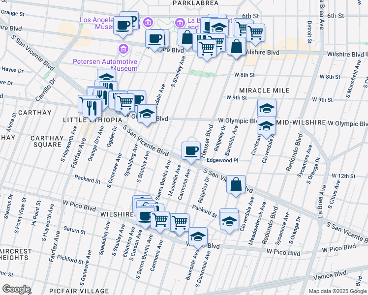 map of restaurants, bars, coffee shops, grocery stores, and more near 1053 Masselin Avenue in Los Angeles