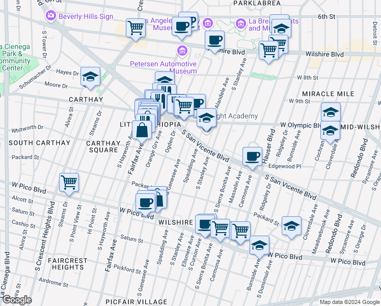 map of restaurants, bars, coffee shops, grocery stores, and more near 5906 San Vicente Boulevard in Los Angeles