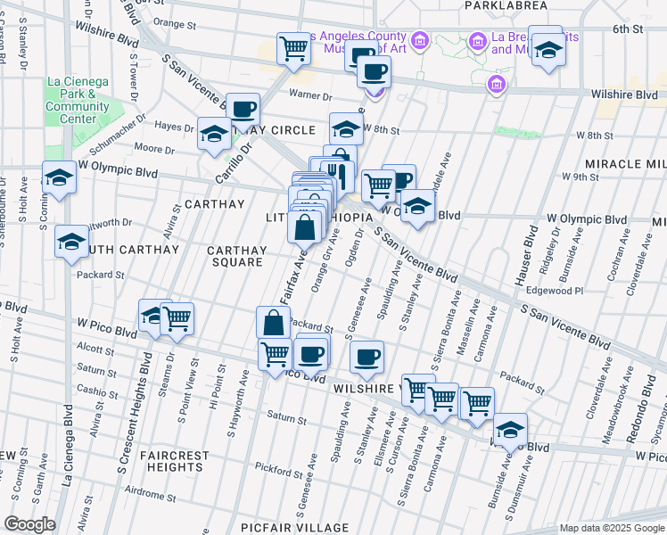 map of restaurants, bars, coffee shops, grocery stores, and more near 1064 South Orange Grove Avenue in Los Angeles