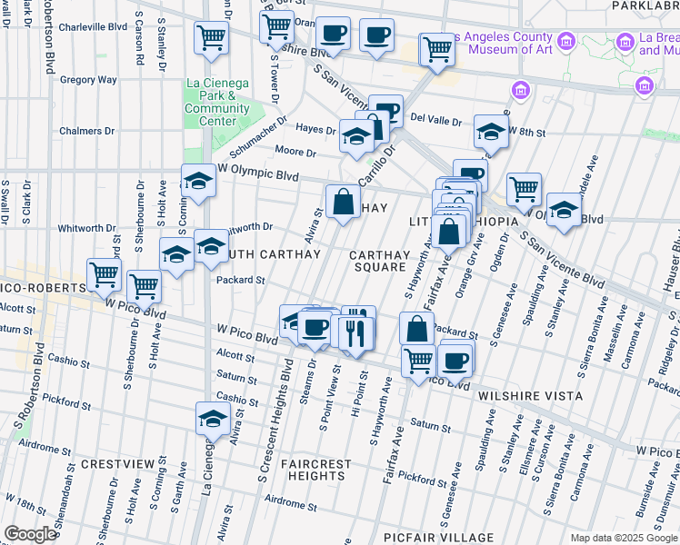map of restaurants, bars, coffee shops, grocery stores, and more near 1111 Stearns Drive in Los Angeles