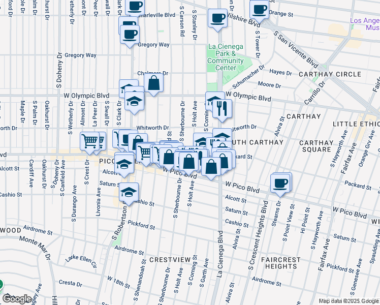 map of restaurants, bars, coffee shops, grocery stores, and more near 1139 South Holt Avenue in Los Angeles