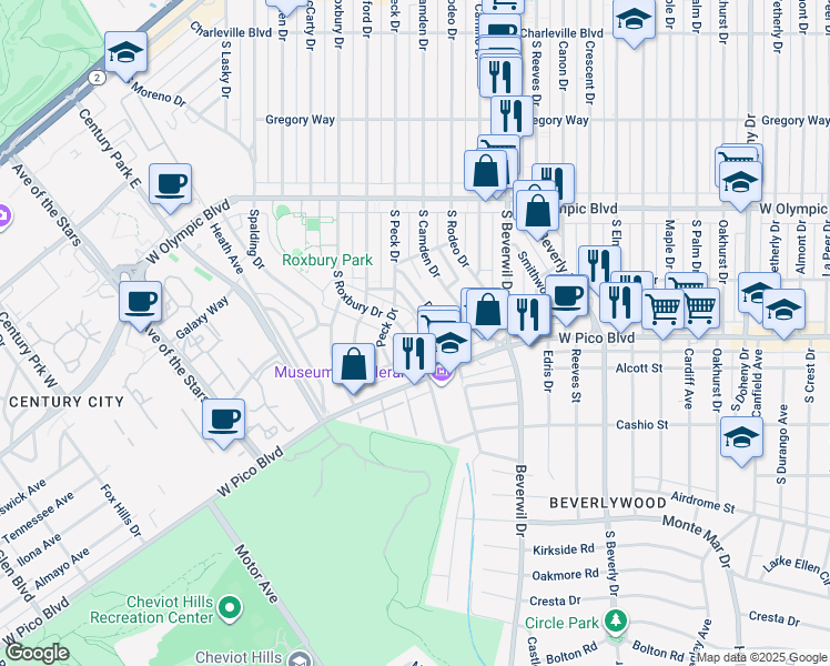 map of restaurants, bars, coffee shops, grocery stores, and more near 1159 Daniels Drive in Los Angeles
