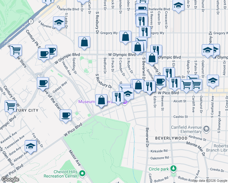 map of restaurants, bars, coffee shops, grocery stores, and more near 1201 South Roxbury Drive in Los Angeles