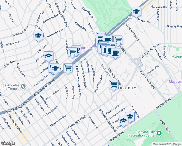map of restaurants, bars, coffee shops, grocery stores, and more near 1868 Benecia Avenue in Los Angeles