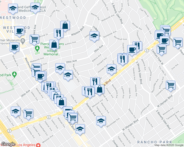 map of restaurants, bars, coffee shops, grocery stores, and more near 10598 Kinnard Avenue in Los Angeles