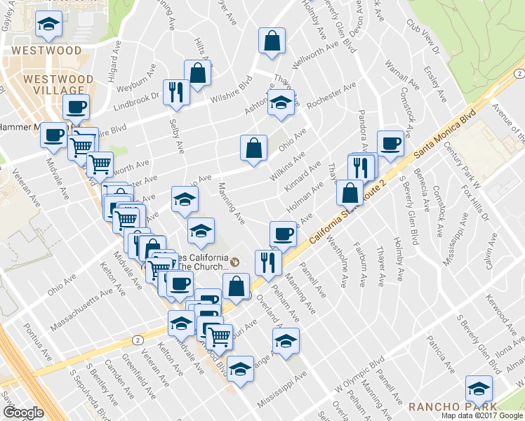 map of restaurants, bars, coffee shops, grocery stores, and more near 10633 Kinnard Avenue in Los Angeles