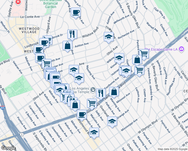 map of restaurants, bars, coffee shops, grocery stores, and more near 1568 Manning Avenue in Los Angeles