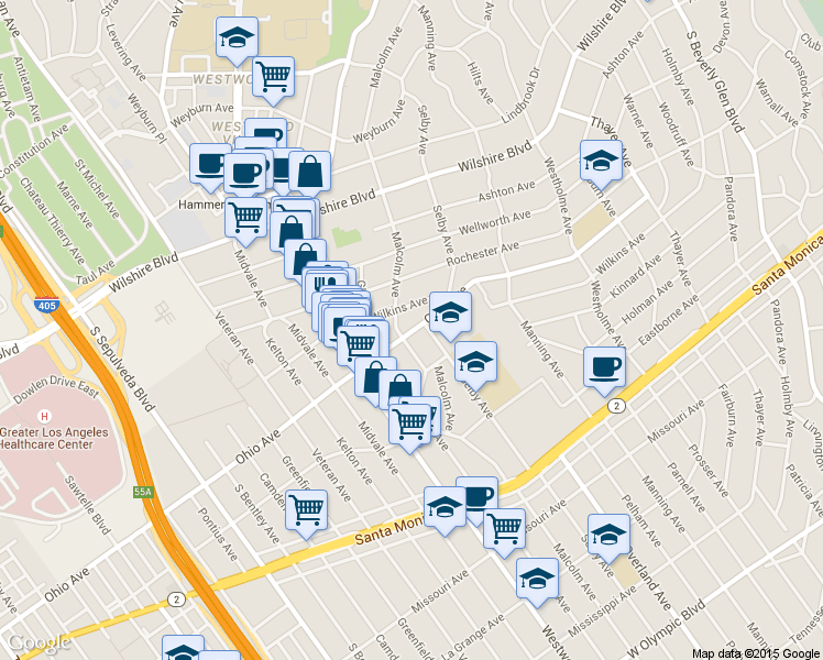 map of restaurants, bars, coffee shops, grocery stores, and more near 10782 Wilkins Avenue in Los Angeles