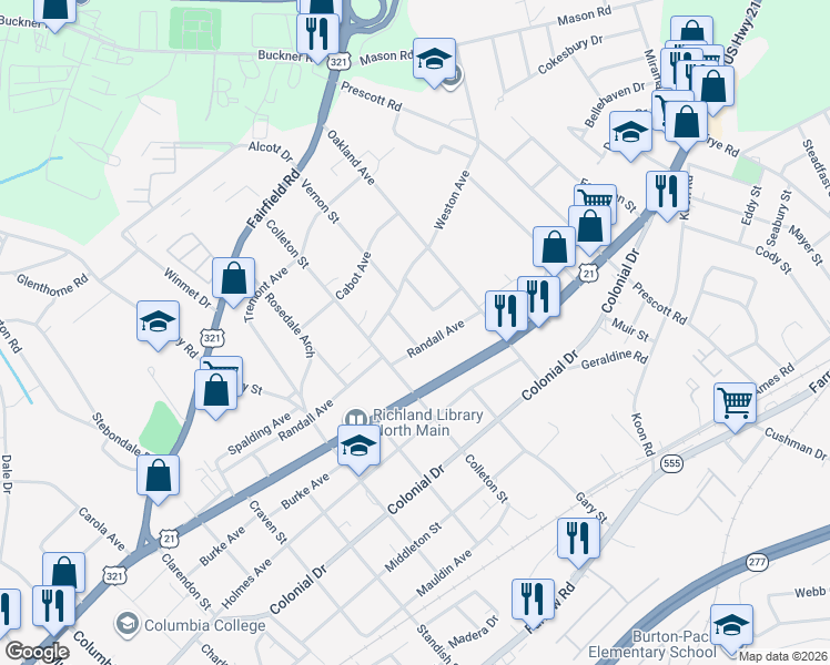 map of restaurants, bars, coffee shops, grocery stores, and more near 933 Vernon Court in Columbia