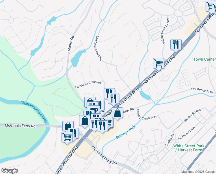 map of restaurants, bars, coffee shops, grocery stores, and more near 900 Yosemite Drive Northwest in Suwanee