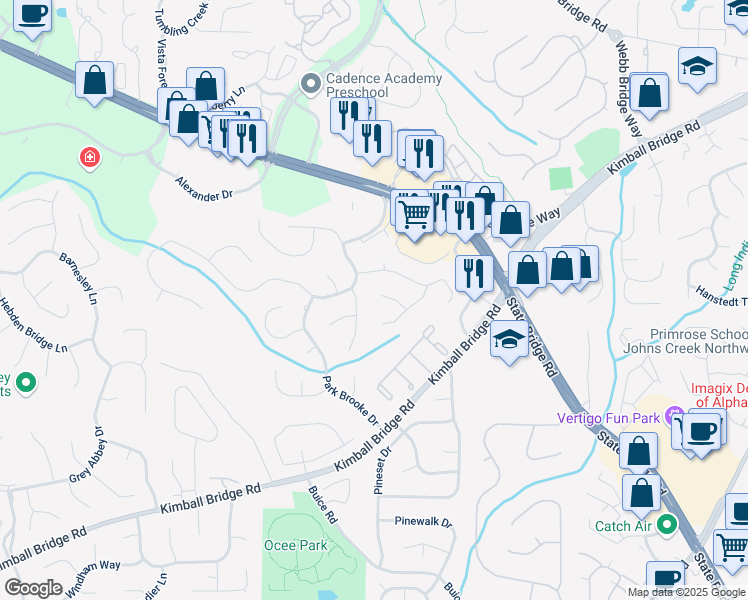 map of restaurants, bars, coffee shops, grocery stores, and more near 1008 Stream Valley Court in Alpharetta